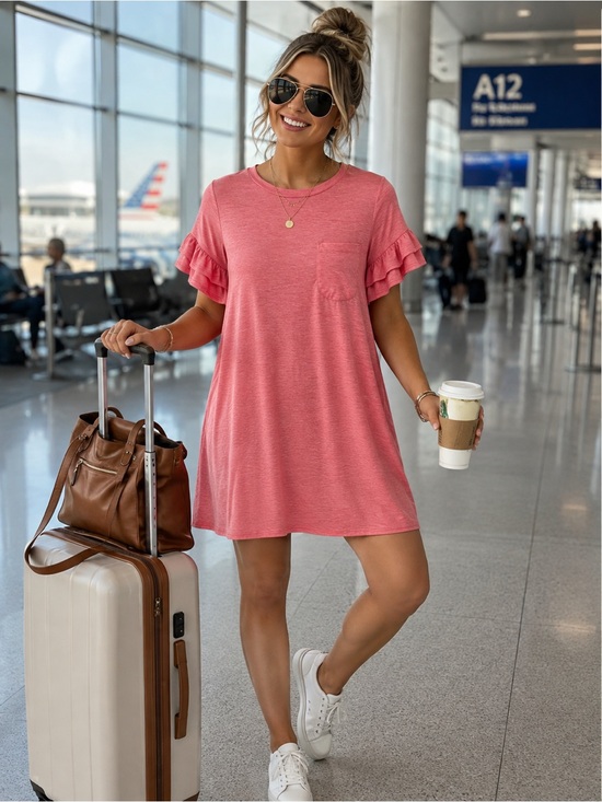 New In Dresses & Skirts - New In Women’s Medium Coral Pink Ruffle Sleeve T-Shirt Dress Pocket Casual